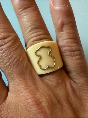 Tous Cream Wide Band Ring with Gold Bear Outline